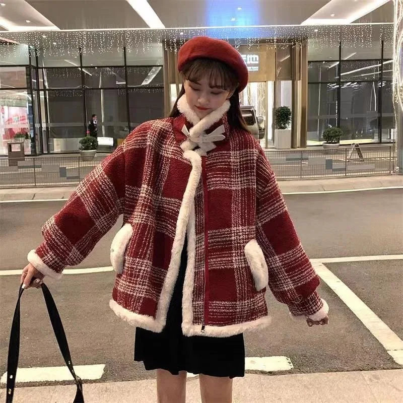 Fashion Plaid and Velvet Padded Little Woolen Coat