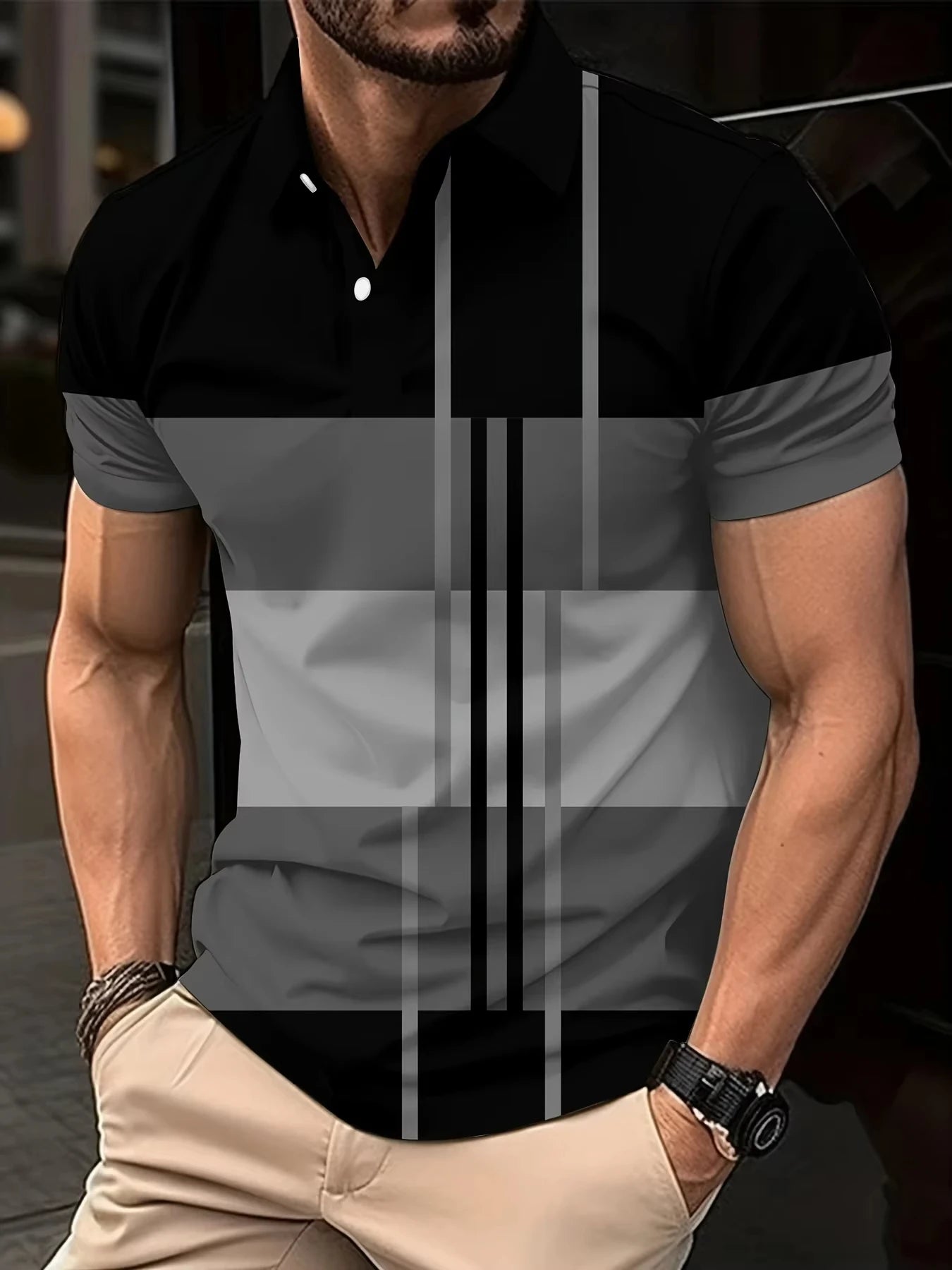 Men's 3D Stripe Print Short Sleeve Polo Shirt