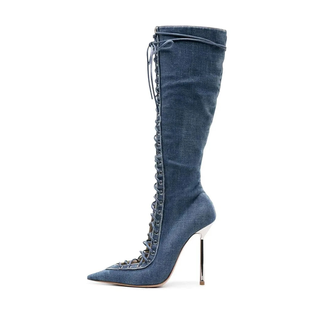 Denim Cross Tied Short Boots Pointed High Heel