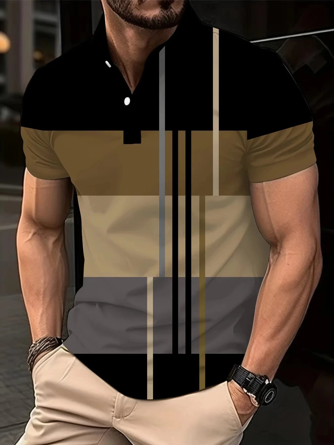 Men's 3D Stripe Print Short Sleeve Polo Shirt