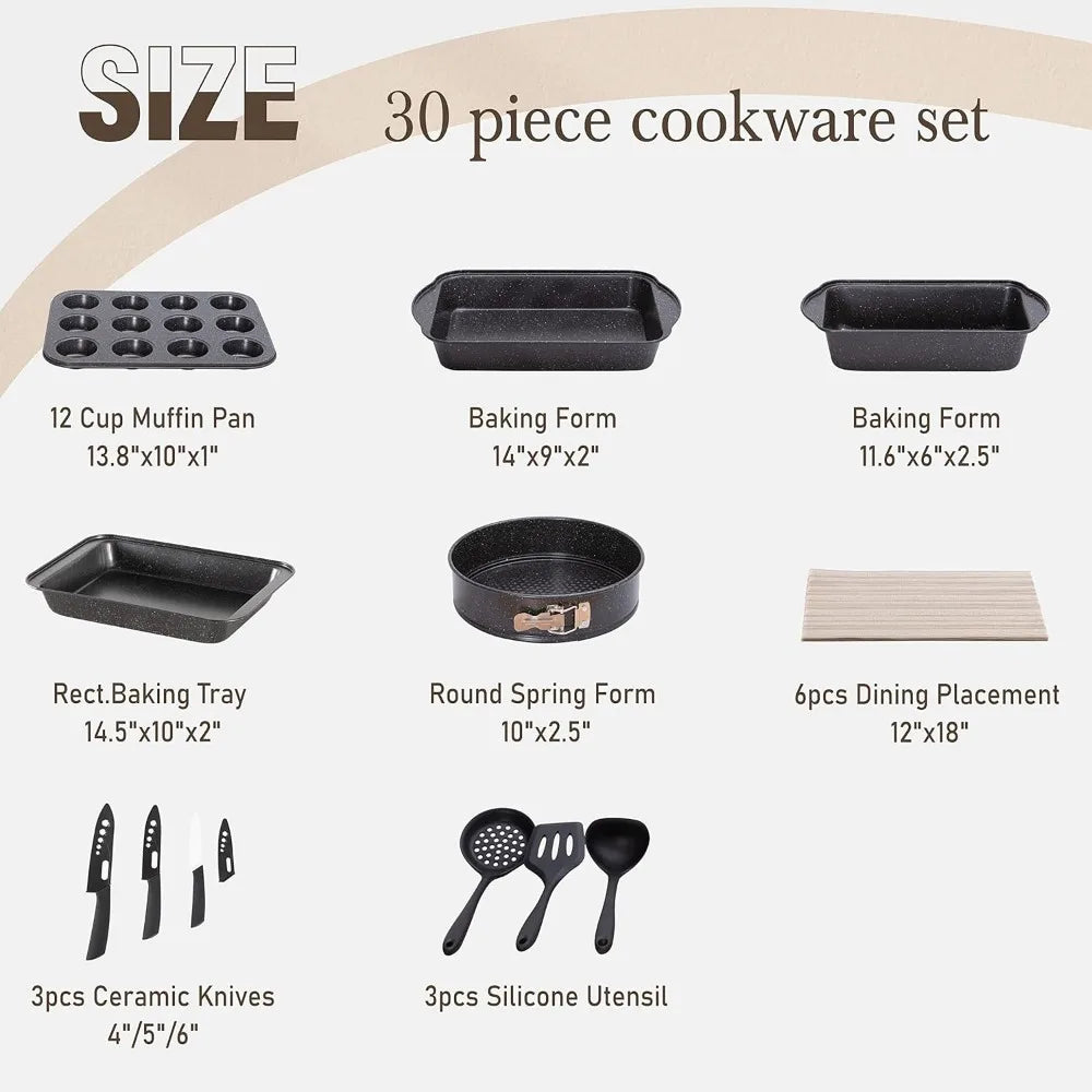 Non Stick 30 Piece Black Granite Cooking Pans Set Pan Kit