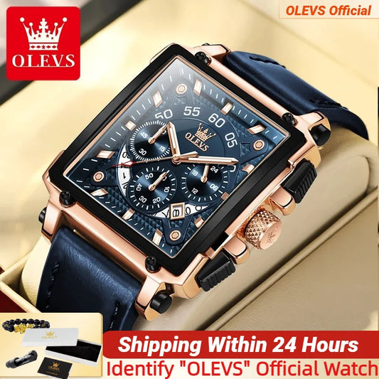 Chronograph Quartz Men's Watch Leather Strap 45MM