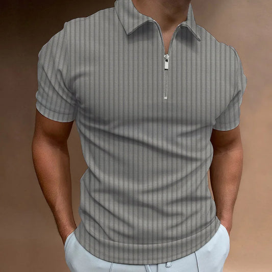Men Casual Short Sleeve Stripe Zipper Polo Shirt
