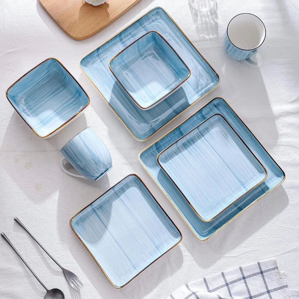 Kitchen Dishes 32 Pieces Square Light Blue Brushed Design