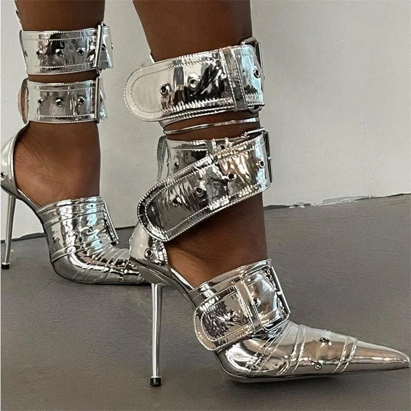 Rivet Buckle Silver Sexy Pointed Hollow High Heels