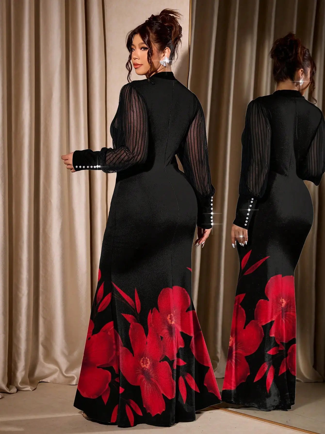 Plus Size Black Floral Dress with Sheer Sleeves