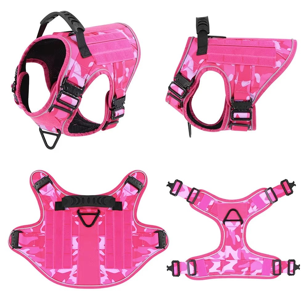 Pink Reflective Dog Harness with 4 Metal Buckles