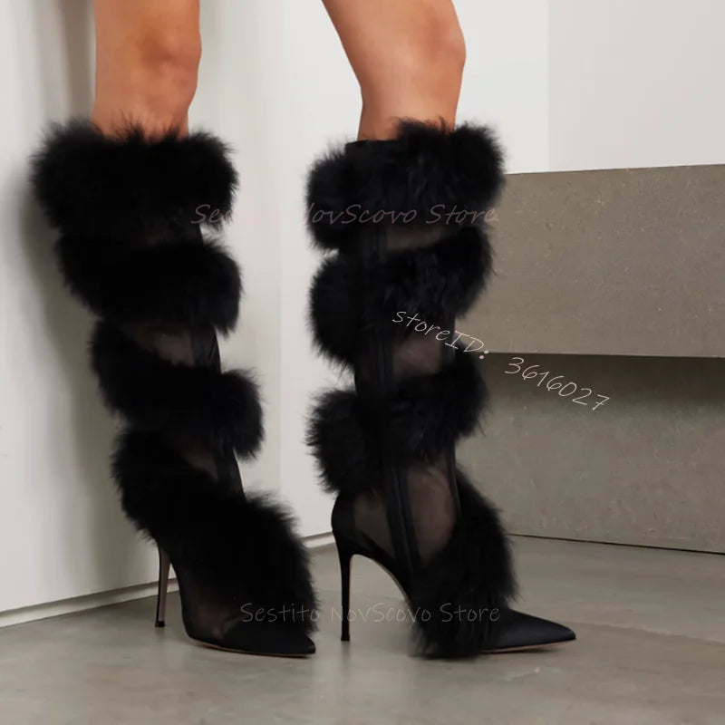 Pointed Toe Mesh Furry Wrapped Knee High Stiletto Heels