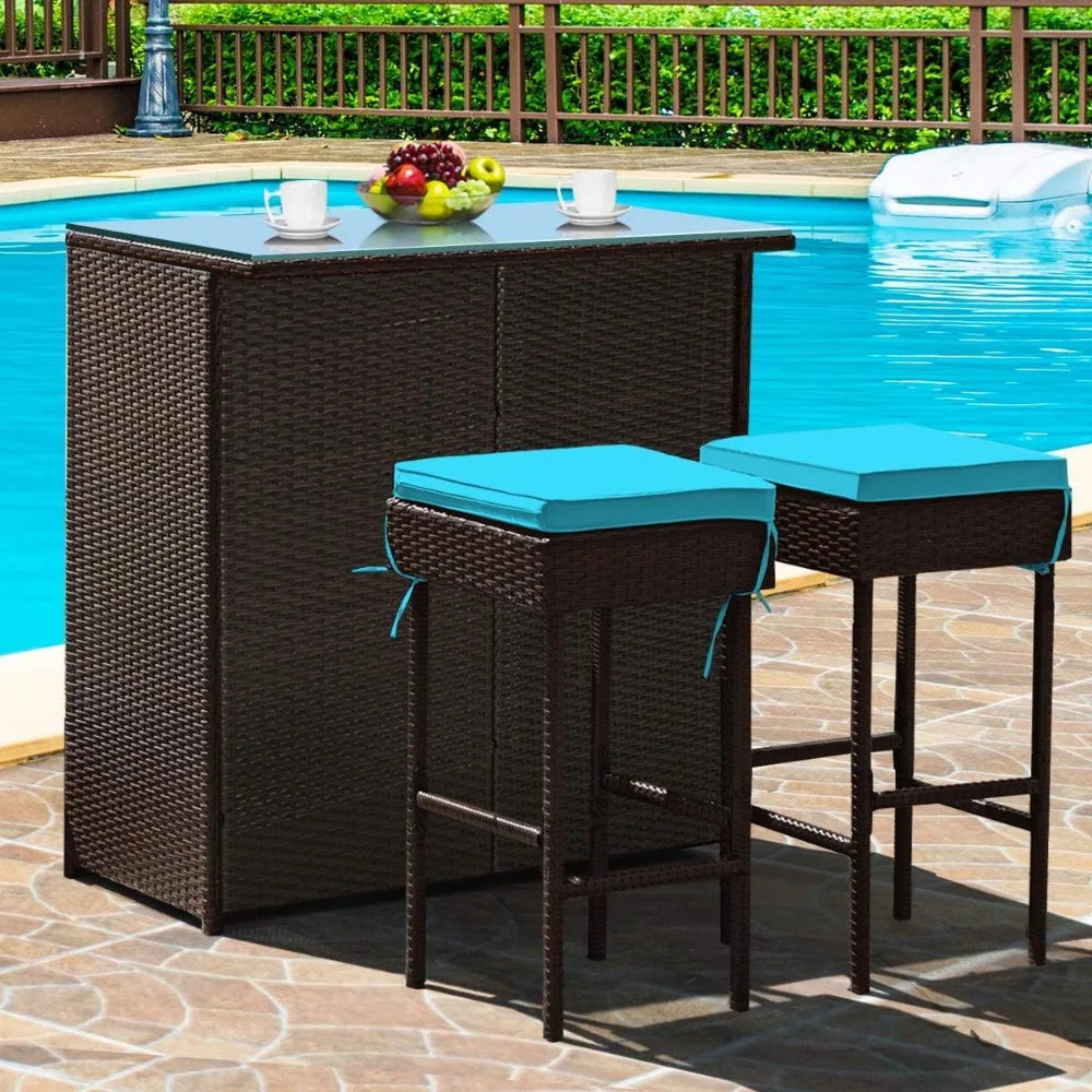 3 Piece Outdoor Rattan Wicker Bar Set with 2 Cushions Stools