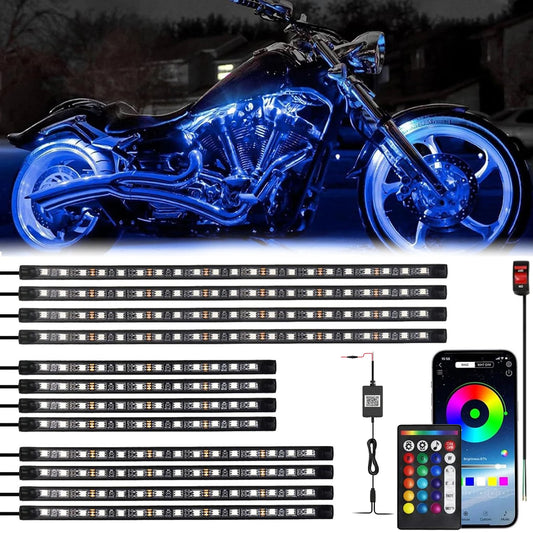 8/12pcs RGB Motorcycle LED Underglow Strip Light App Remote Multi-Color