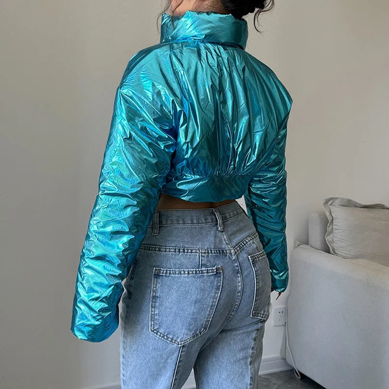 Blue Metallic Long Sleeve Cropped Puffer Jacket