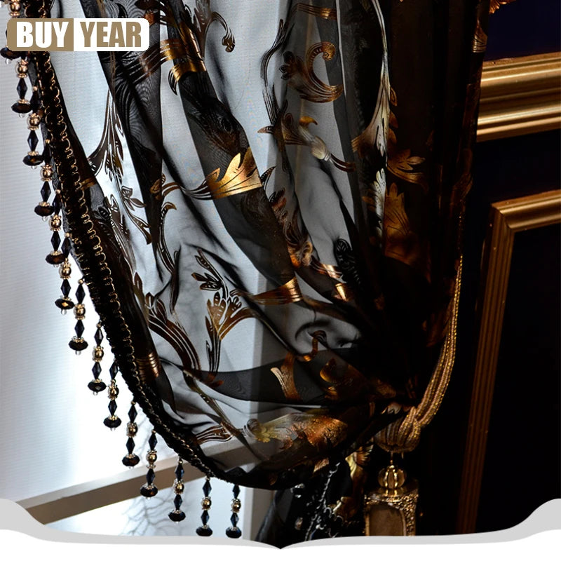 European Luxury Curtains Black Gold Velvet
