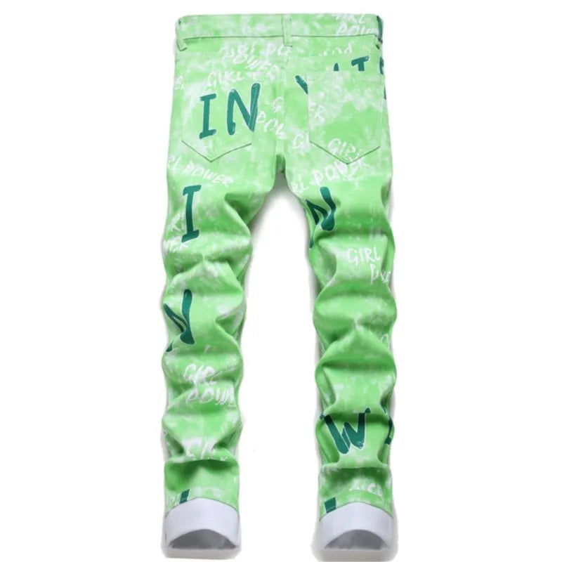 Straight Men's Denim Jeans Hip Hop Letter Printed Green Long Pants