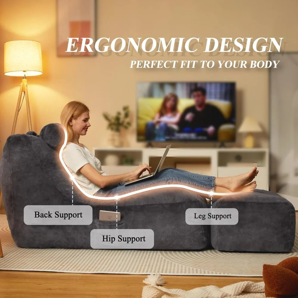 Large Lazy Beanbag Sofa with Neck Roll & Ottoman