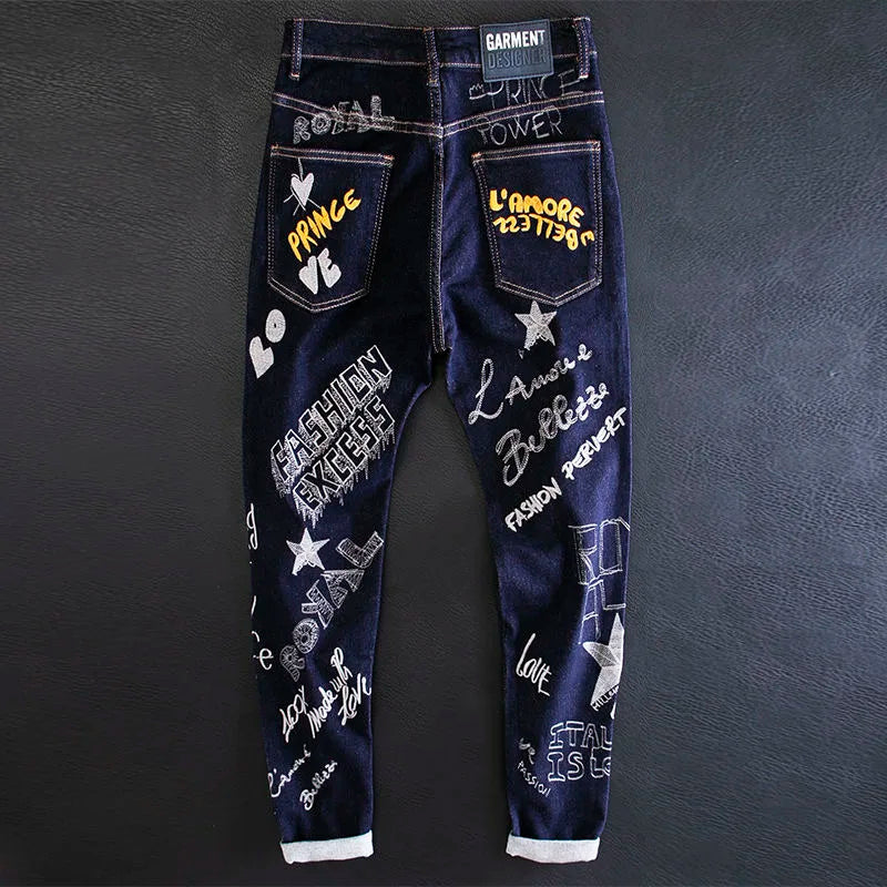 Printed Embroidery Elastic Casual Slim Pants