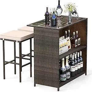 3 Piece Outdoor Rattan Wicker Bar Set with 2 Cushions Stools