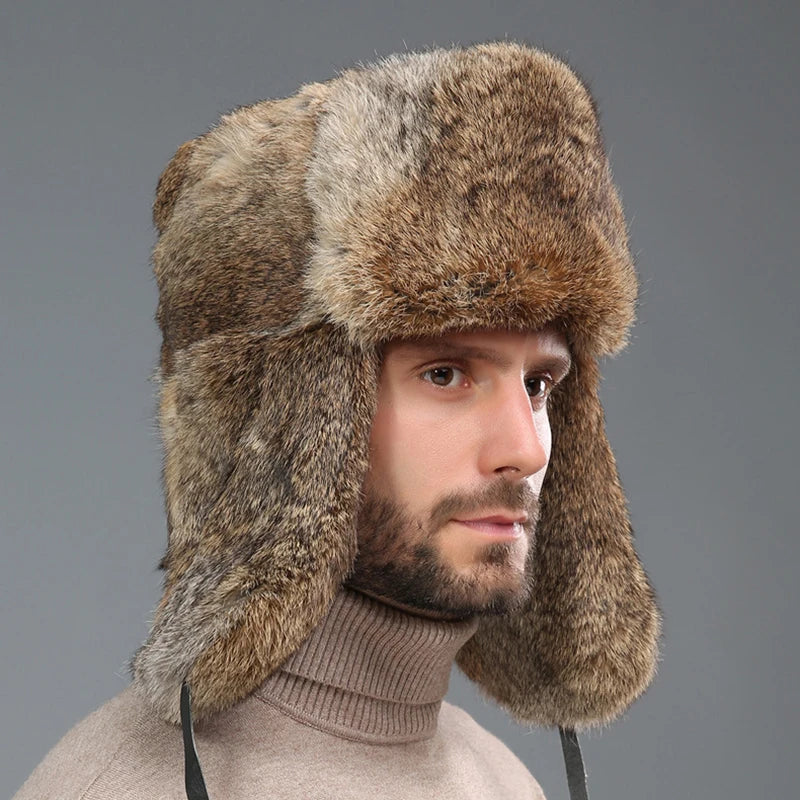 Men Real Rabbit Fur Trapper Russian Hat