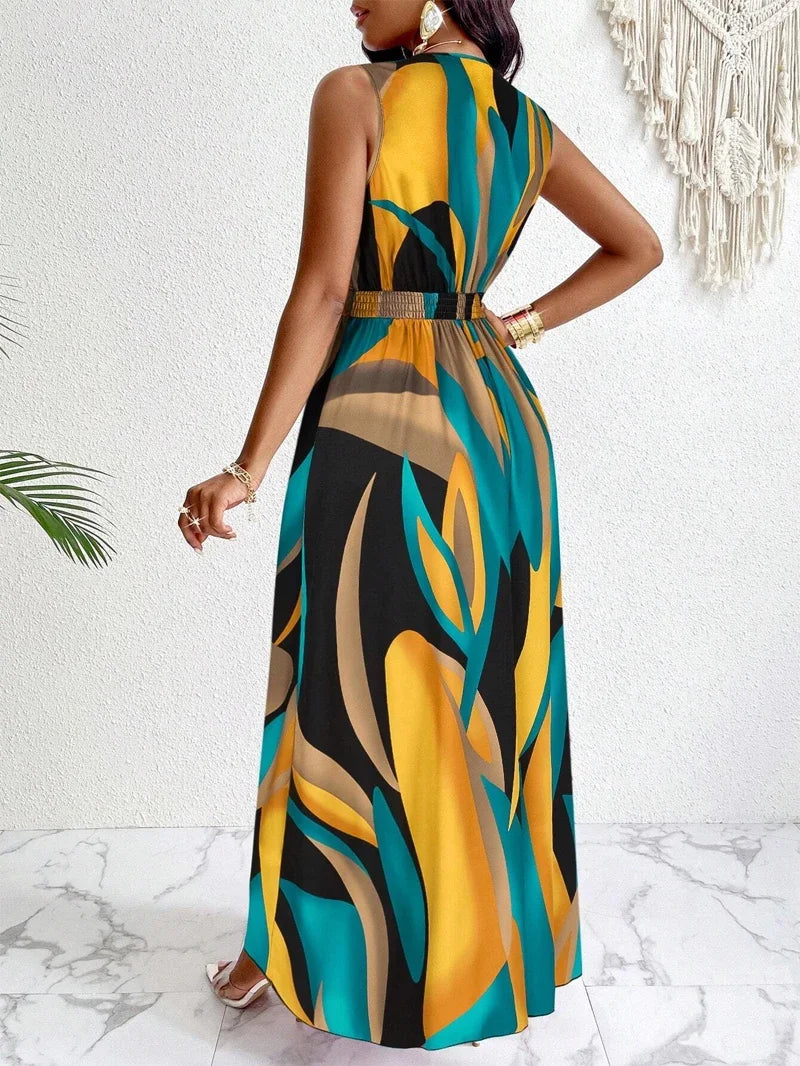 Sleeveless V-Neck Floor-Length Dress Abstract Print