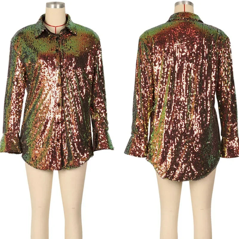 Glitter Sequins Button Up Shirt Style Mini Dress