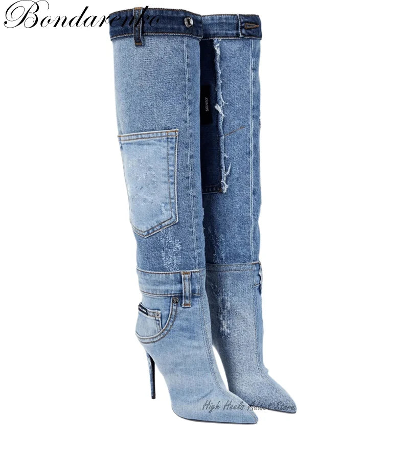 Denim Patchwork Knee Boots Blue Black Pointed Toe Stilettos