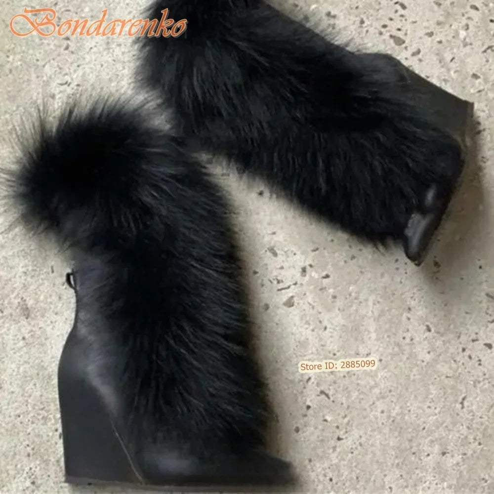 Fur Suede Wedge Boots Pointy Toe Solid Mid Calf