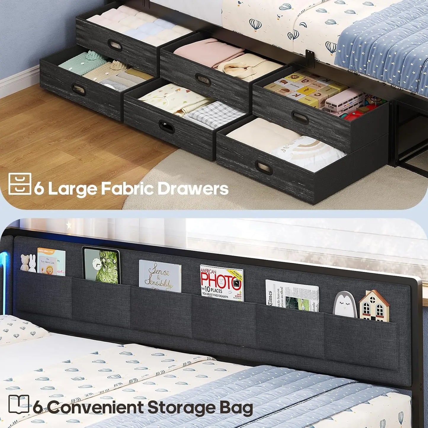 Full Corner Bed Frame with 8 Drawers, 6 Storage Pockets and RGB Wave Lights