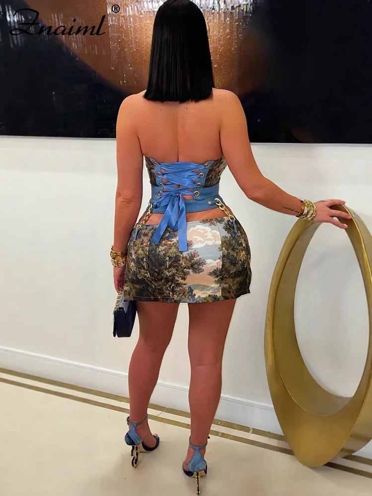 Elegant Lace-Back Printed Beach Two-Piece Top and Skirt