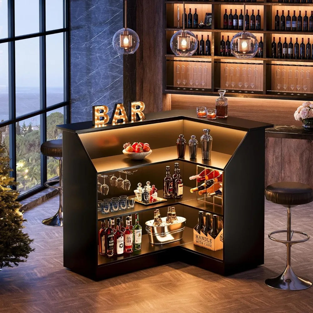 L-Shaped 4-Tier Corner Bar Unit with Stemware Racks