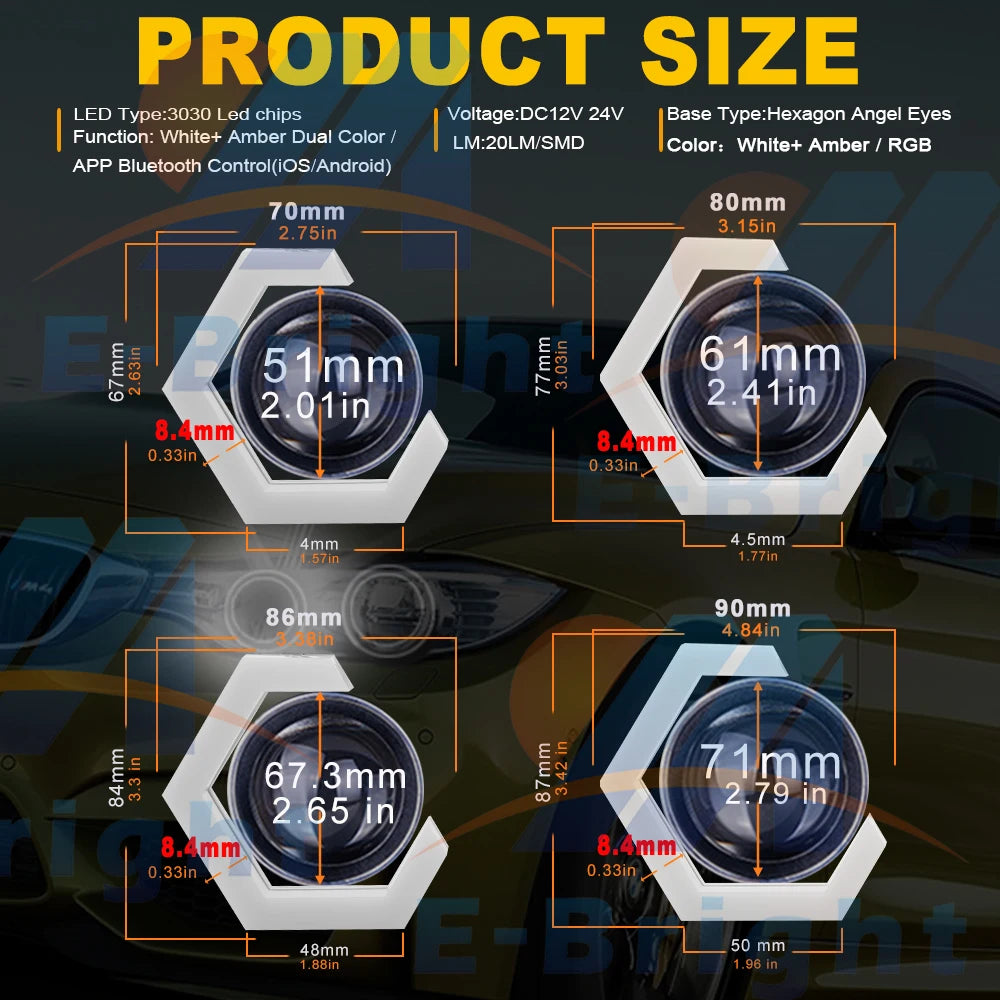 RGB Hexagon Angel Eyes Halo Rings Car Motorcycle Headlight Switchback Turn Signal Light 1set