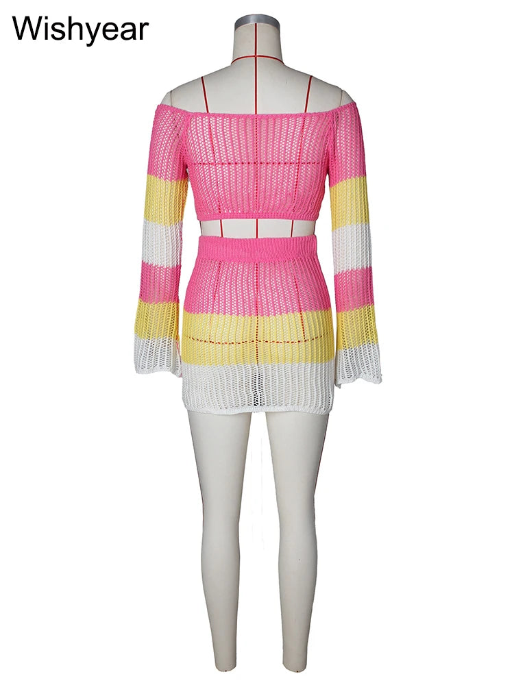 Heart Print Knit Crochet Two Piece Dress Set