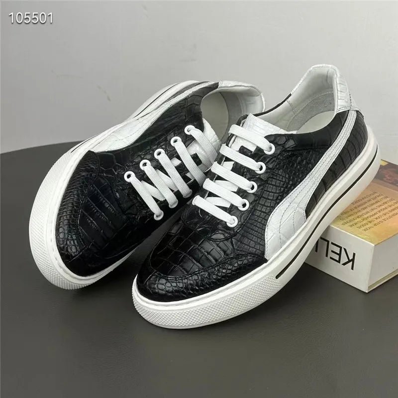 Authentic Real Crocodile Skin Classic Black White Men's Casual Board Shoes