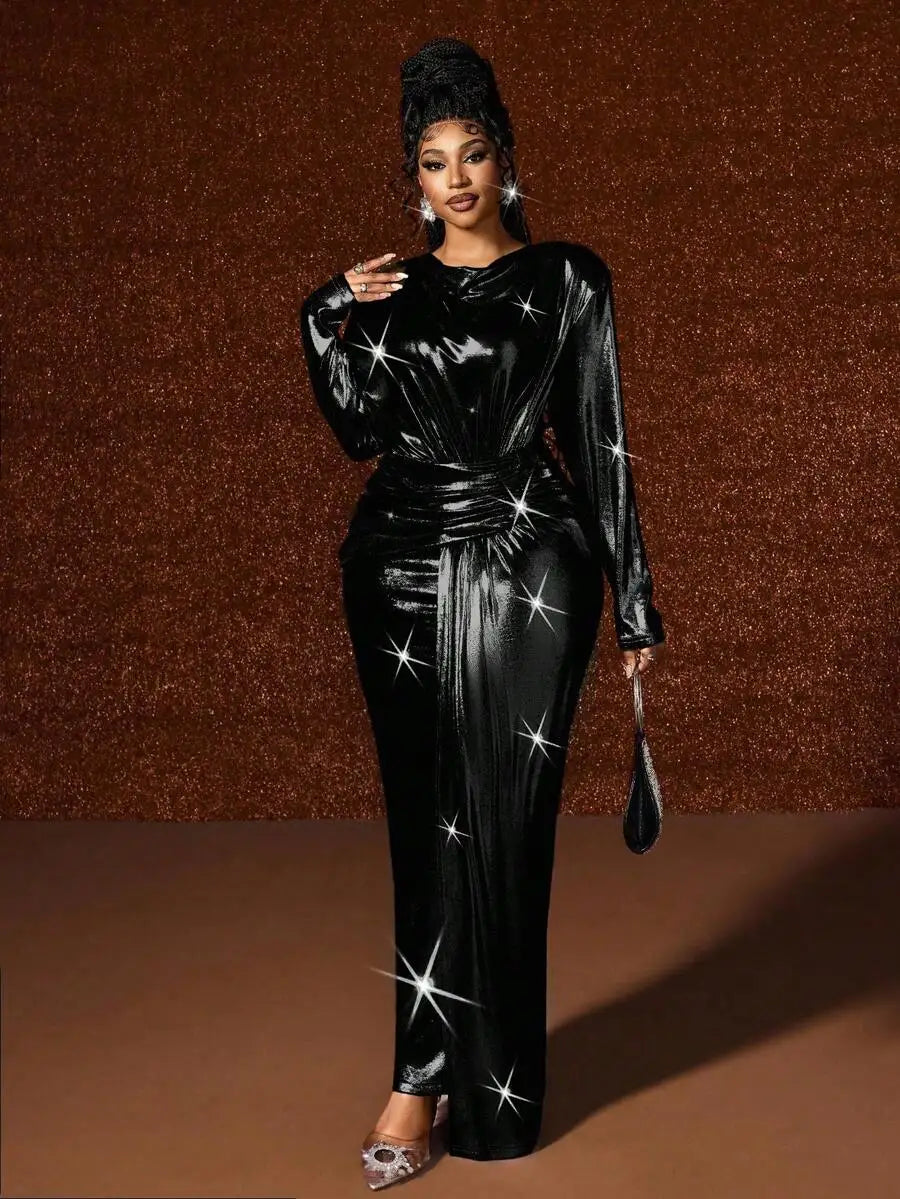 Plus Size Long Sleeve Shiny Metallic Wrap Dress