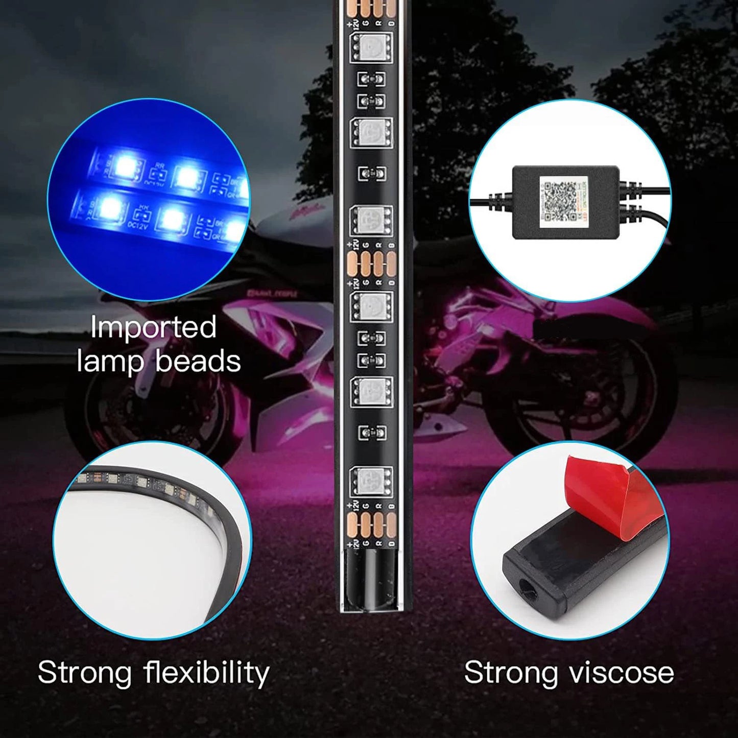 8/12pcs RGB Motorcycle LED Underglow Strip Light App Remote Multi-Color