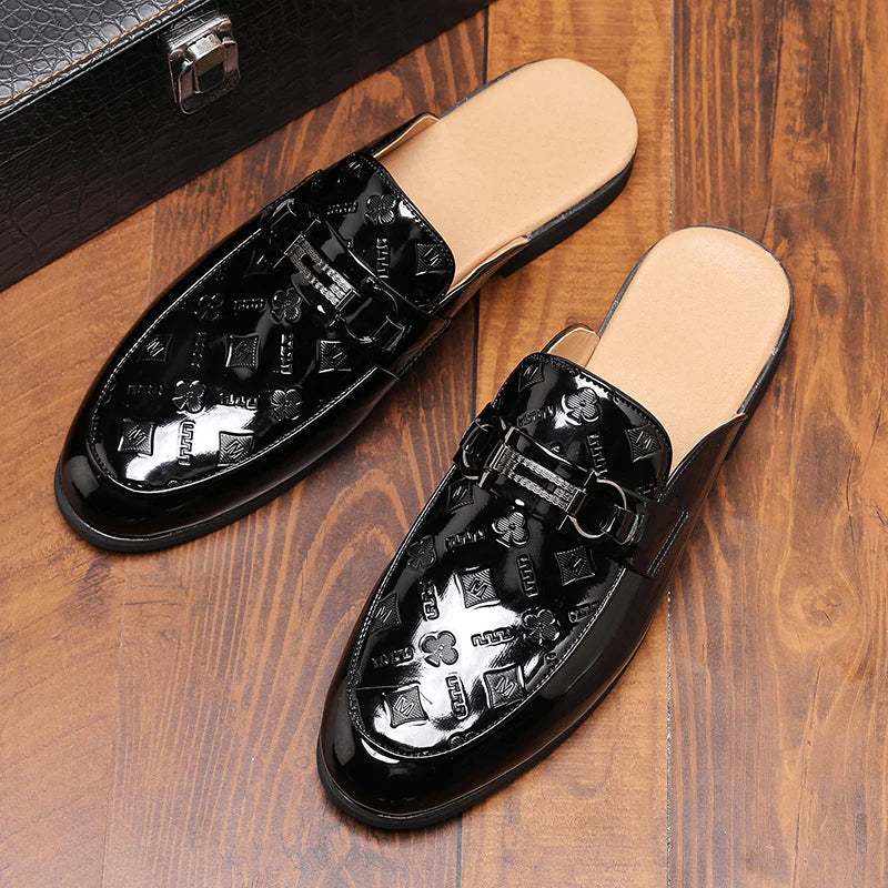 Designer Patent Leather Mens Mules Half Shoes