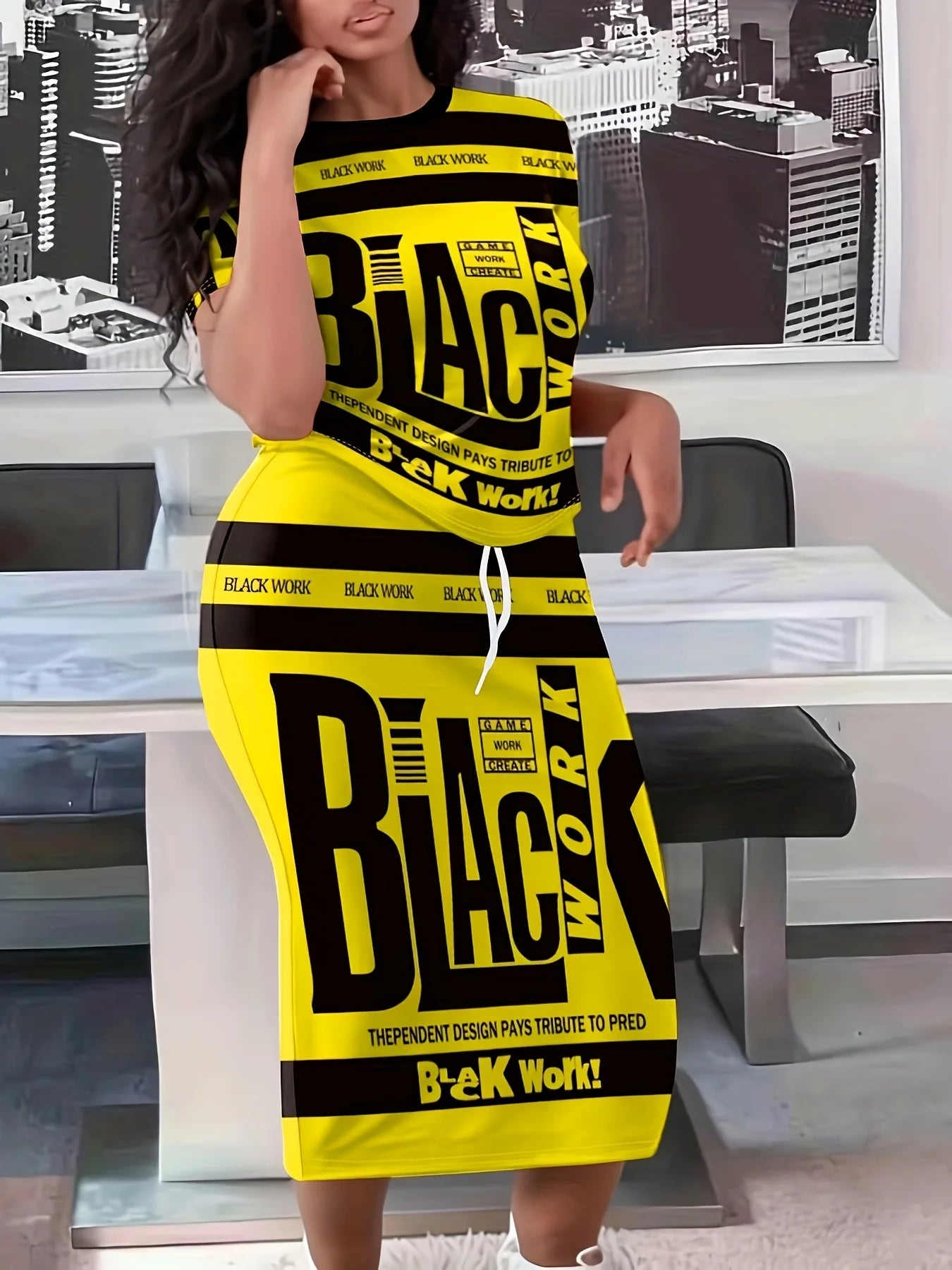 Plus Size Letter Print Drawstring Skirt Set