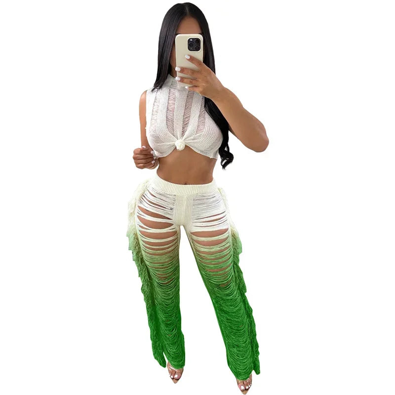 Gradient Color Crochet Two Piece Crop Top and Wide Leg Pants
