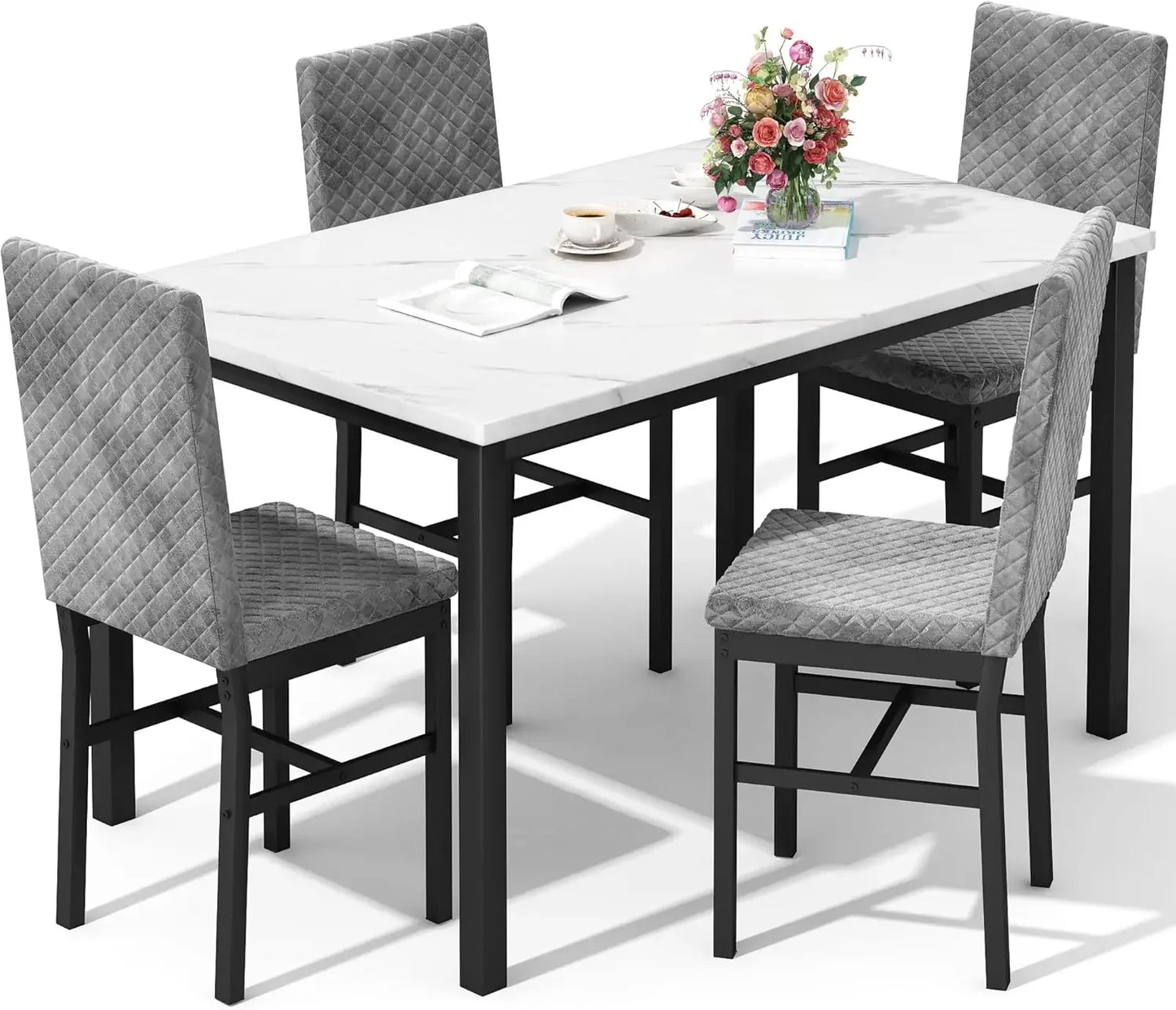 Faux Marble Dining Set with 4 Velvet Upholstered Chairs