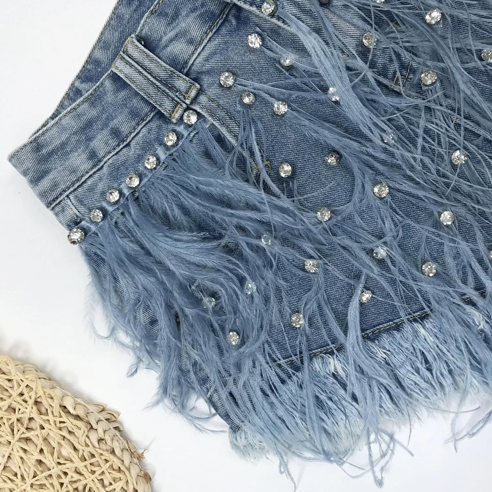 Rhinestone Beaded Feather High Waist Jeans Shorts