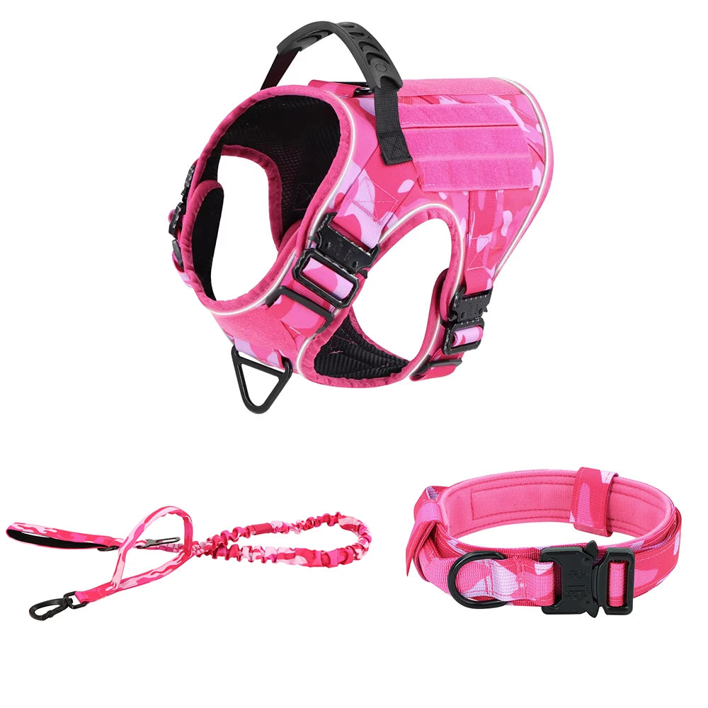 Pink Reflective Dog Harness with 4 Metal Buckles