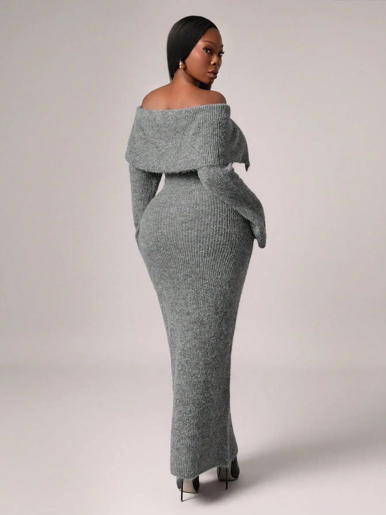 Plus Size Off-Shoulder Knit Dress with Flared Sleeves