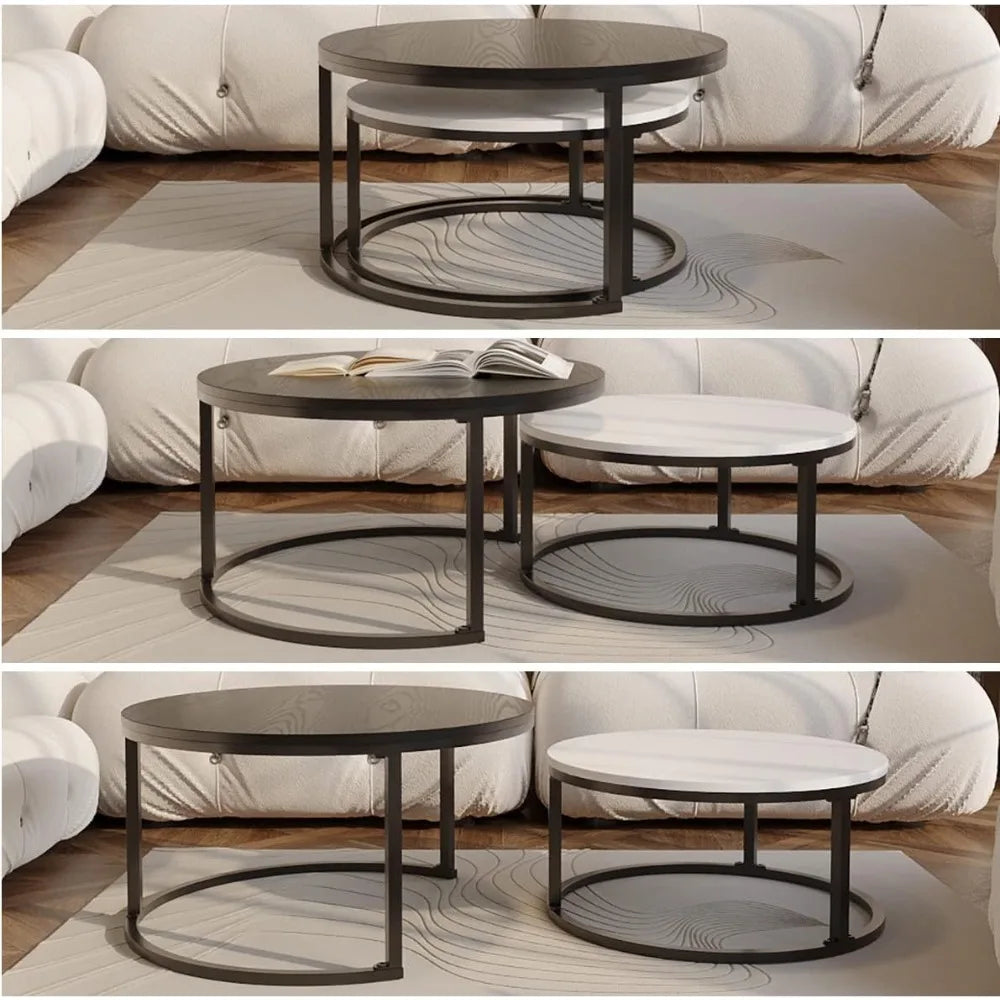 2 Round Nesting Table Set Circle for Living Room Modern (Black & White)