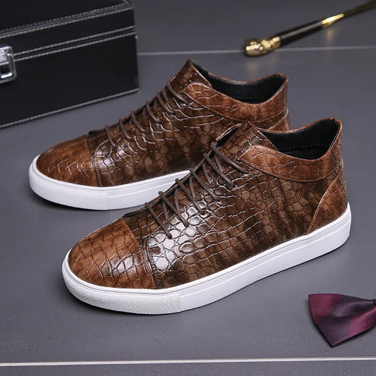 Luxury Retro Brown High Top Lace-up Crocodile Leather Sneakers