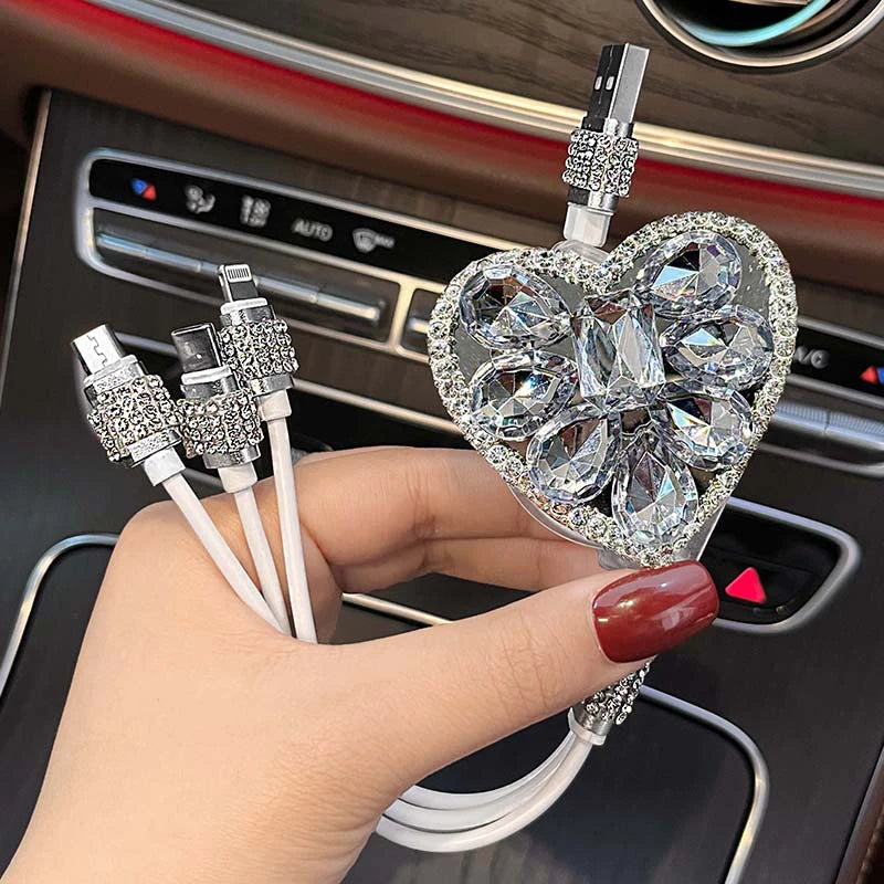 3 IN 1 Diamond Goddess USB Multi Cable Rhinestone Car Fast Charger