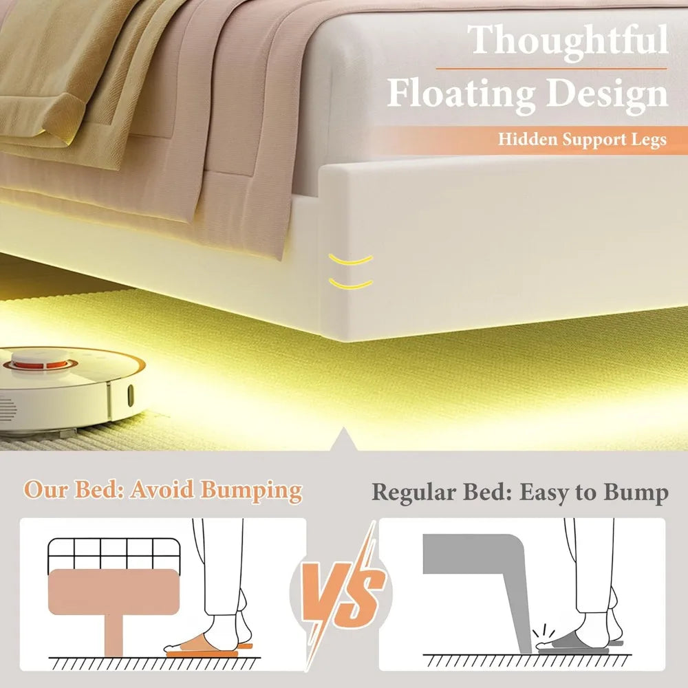 HIFIT 2 Set Upholstered Twin Size LED Bed Frame with Charging Station