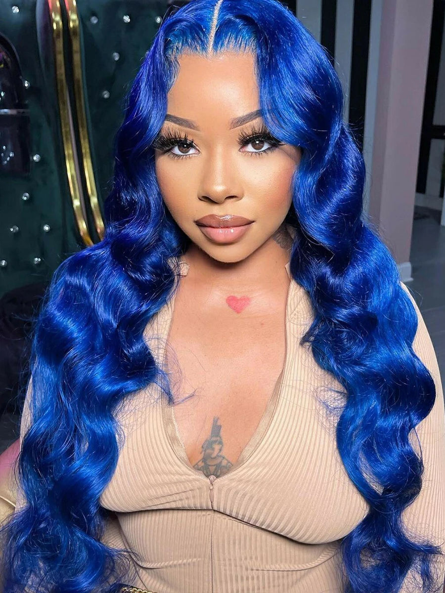 Blue 13x4 Body Wave Human Hair Brazilian Blue Colored HD Lace Front Wig