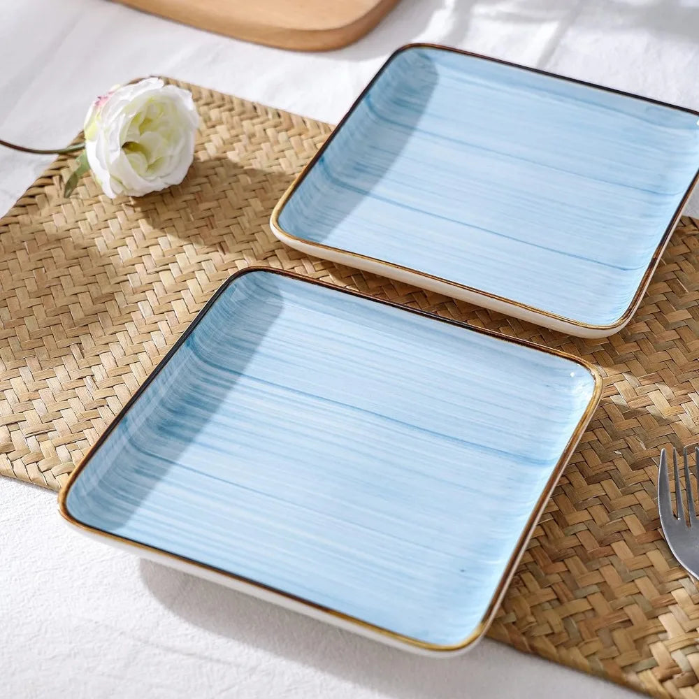 Kitchen Dishes 32 Pieces Square Light Blue Brushed Design
