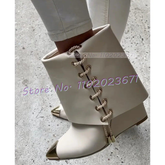 Metal Pointy Toe Wedge Ankle Boots