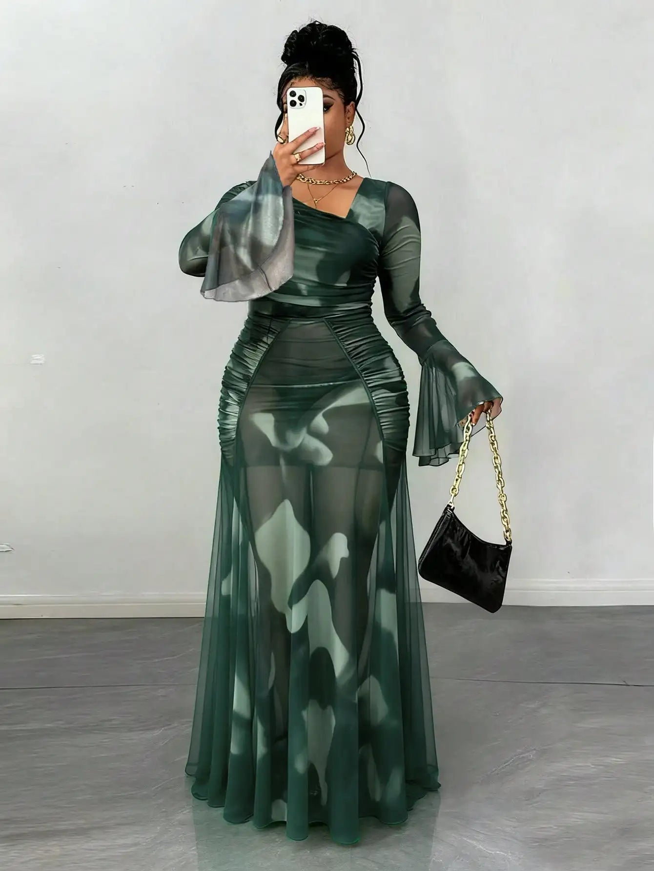 Plus Size Semi-Sheer Long Sleeve Maxi Dress