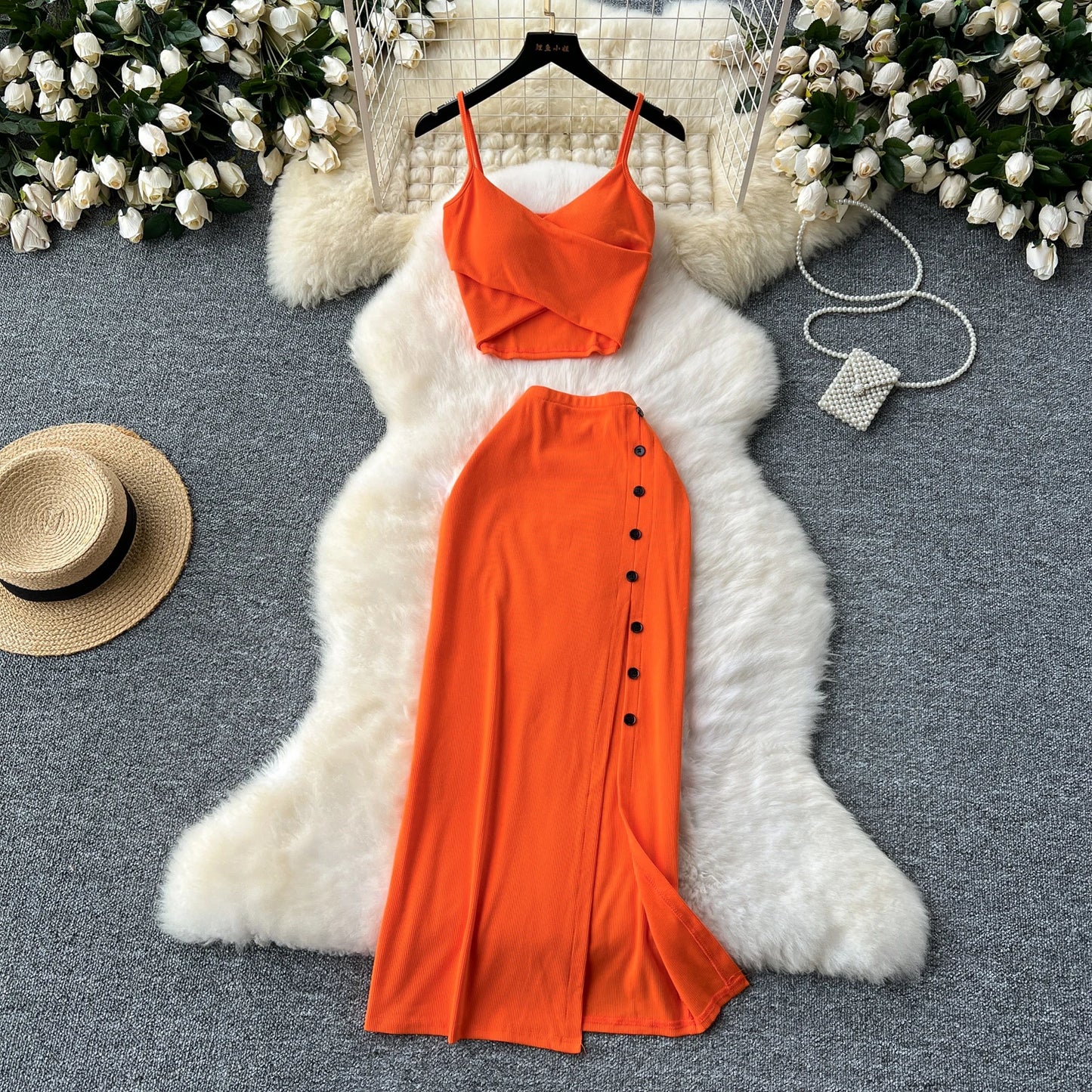 Sexy 2 Piece Crop Camis Top and Split Long Skirt