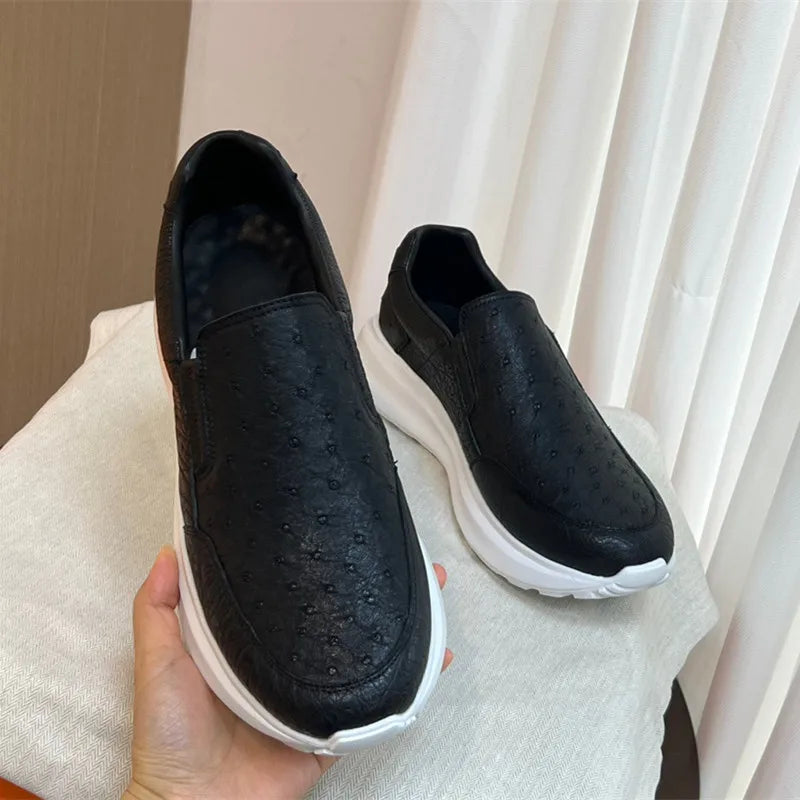 Casual Style Authentic Real Ostrich Skin Men's Black Driving Shoes